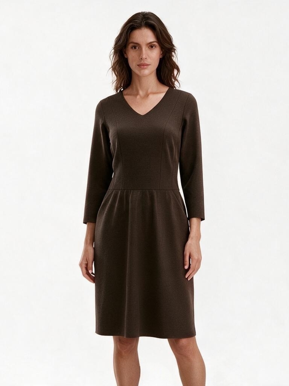 Talbots Chocolate Brown Refined Ponte V-Neck Sheath Midi Dress Size 8P